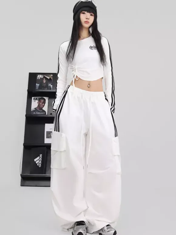 Street Dance Jumpsuit For Women Trendy White Contrast Color Jazz Outfit With Lacing Slim-fit Hip-hop Pants