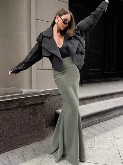 Stretch Faux Suede High Waist Bodycon Mermaid Maxi Skirt