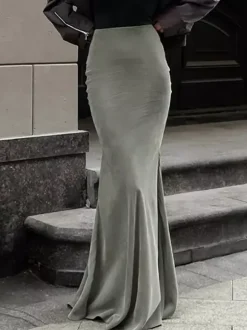 Stretch Faux Suede High Waist Bodycon Mermaid Maxi Skirt