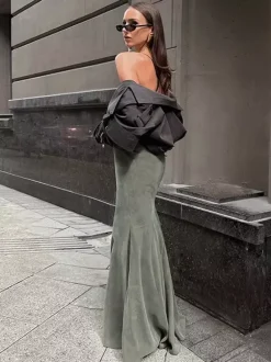 Stretch Faux Suede High Waist Bodycon Mermaid Maxi Skirt