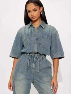 Stretch Washed Denim Jumpsuit For Women - Light Blue Drawstring Waist Side Slit Wide Leg Cargo Romper - Summer Streetwear 2026