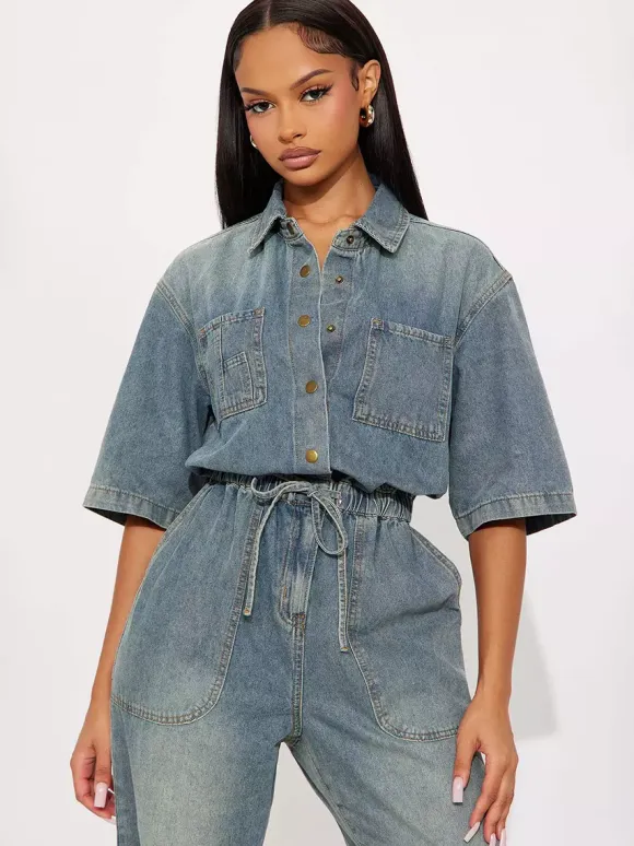 Stretch Washed Denim Jumpsuit For Women - Light Blue Drawstring Waist Side Slit Wide Leg Cargo Romper - Summer Streetwear 2026