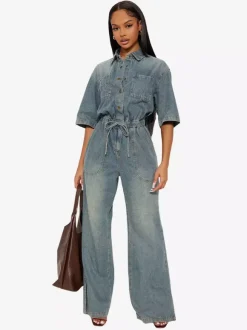 Stretch Washed Denim Jumpsuit For Women - Light Blue Drawstring Waist Side Slit Wide Leg Cargo Romper - Summer Streetwear 2026