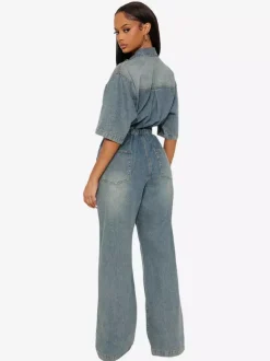 Stretch Washed Denim Jumpsuit For Women - Light Blue Drawstring Waist Side Slit Wide Leg Cargo Romper - Summer Streetwear 2026