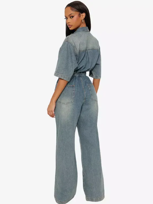 Stretch Washed Denim Jumpsuit For Women - Light Blue Drawstring Waist Side Slit Wide Leg Cargo Romper - Summer Streetwear 2026