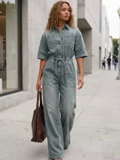 Stretch Washed Denim Jumpsuit For Women - Light Blue Drawstring Waist Side Slit Wide Leg Cargo Romper - Summer Streetwear 2026