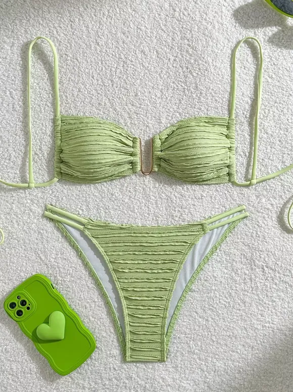 Striped U Neck Cutout Waist Bikini Swimsuit For Summer 2026