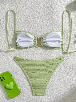 Striped U Neck Cutout Waist Bikini Swimsuit For Summer 2026