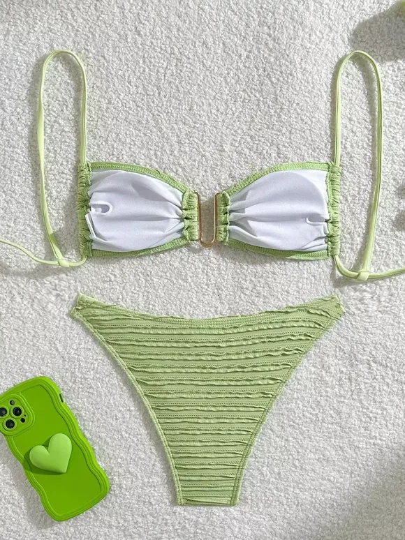 Striped U Neck Cutout Waist Bikini Swimsuit For Summer 2026