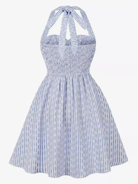 Striped Halter Neck Floral Print A Line Summer Sundress For Women 2026