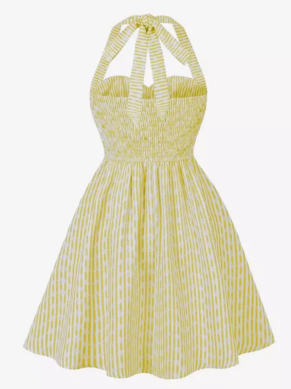 Striped Halter Neck Floral Print A Line Summer Sundress For Women 2026