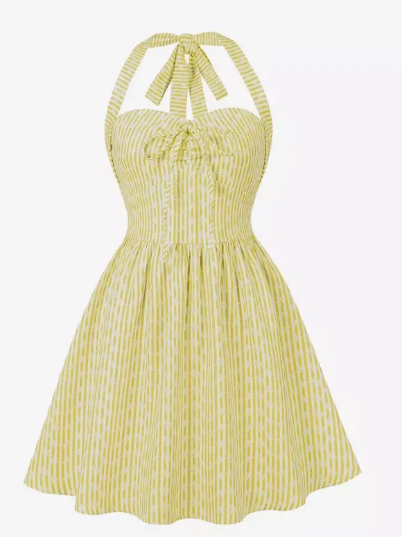 Striped Halter Neck Floral Print A Line Summer Sundress For Women 2026