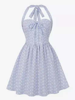 Striped Halter Neck Floral Print A Line Summer Sundress For Women 2026