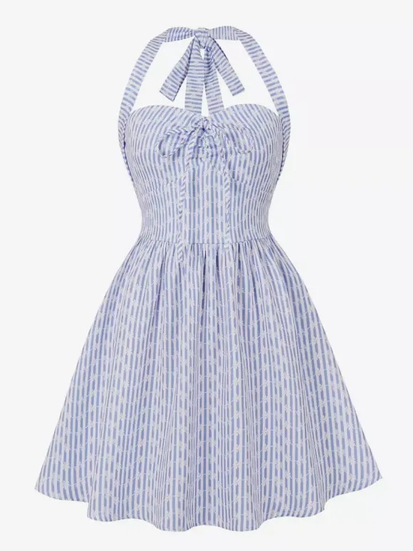 Striped Halter Neck Floral Print A Line Summer Sundress For Women 2026