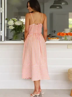 Striped Long Sundress for Women - Cottagecore Knotted Bust V Neck Backless Cami Flare Dress - Summer Beach Picnic 2026