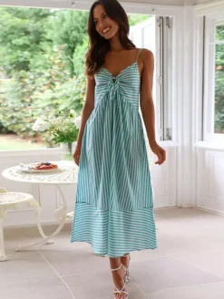 Striped Long Sundress for Women - Cottagecore Knotted Bust V Neck Backless Cami Flare Dress - Summer Beach Picnic 2026