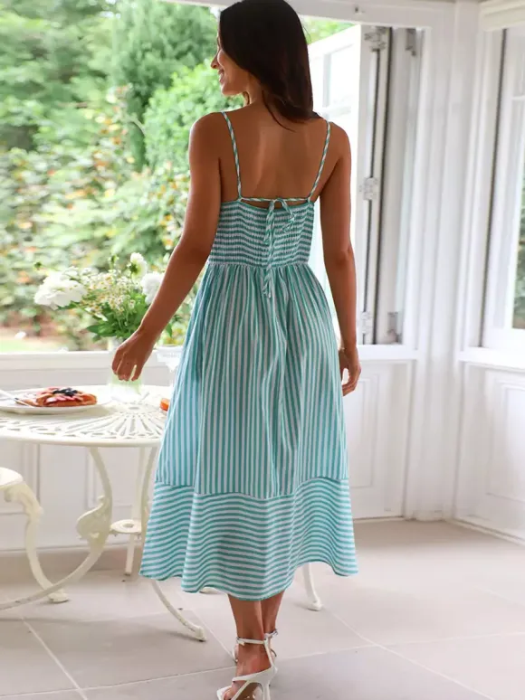 Striped Long Sundress for Women - Cottagecore Knotted Bust V Neck Backless Cami Flare Dress - Summer Beach Picnic 2026