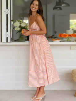 Striped Long Sundress for Women - Cottagecore Knotted Bust V Neck Backless Cami Flare Dress - Summer Beach Picnic 2026