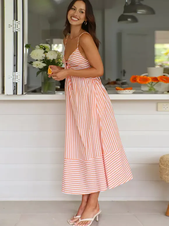 Striped Long Sundress for Women - Cottagecore Knotted Bust V Neck Backless Cami Flare Dress - Summer Beach Picnic 2026