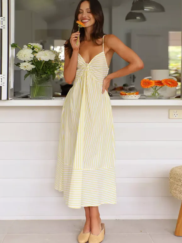 Striped Long Sundress for Women - Cottagecore Knotted Bust V Neck Backless Cami Flare Dress - Summer Beach Picnic 2026