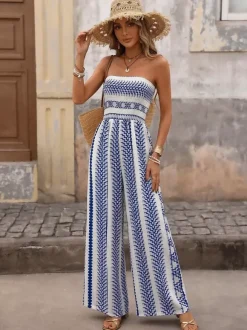 Striped Strapless Smocked Wide Leg Jumpsuit Women Boho Beach Vacation Outfit