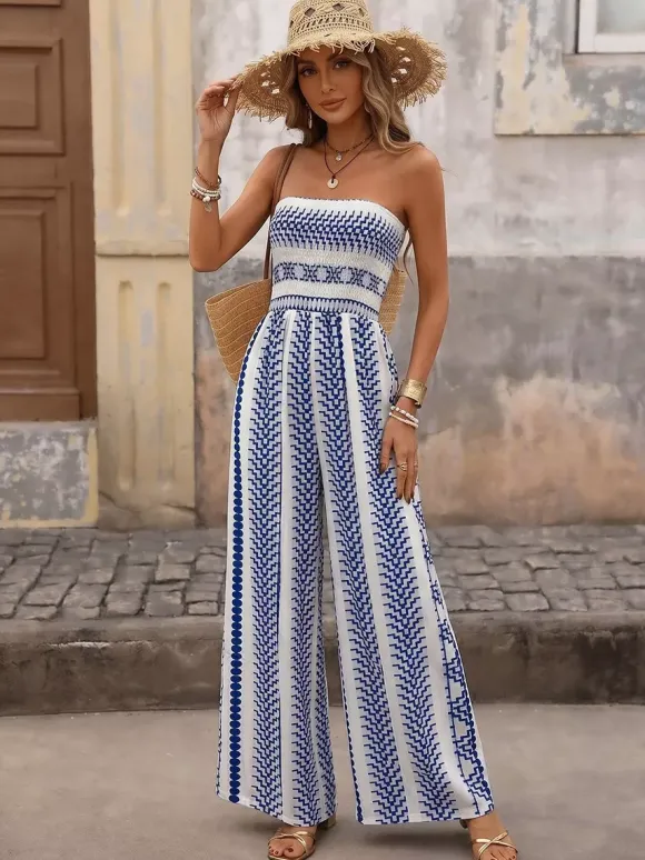 Striped Strapless Smocked Wide Leg Jumpsuit Women Boho Beach Vacation Outfit