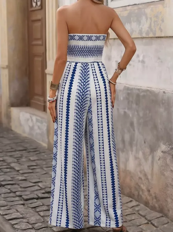 Striped Strapless Smocked Wide Leg Jumpsuit Women Boho Beach Vacation Outfit