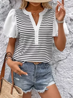 Striped V-neck Blouse With Puff Sleeves And Button Front 2026