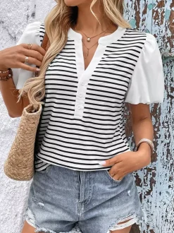 Striped V-neck Blouse With Puff Sleeves And Button Front 2026