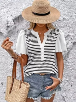 Striped V-neck Blouse With Puff Sleeves And Button Front 2026