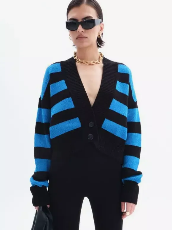 Striped V-Neck Crop Cardigan Knit Button Up Sweater For Women 2026