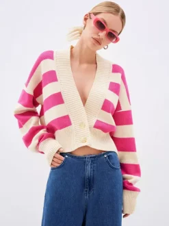 Striped V-Neck Crop Cardigan Knit Button Up Sweater For Women 2026