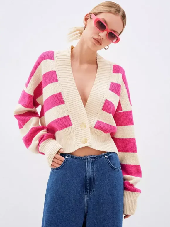 Striped V-Neck Crop Cardigan Knit Button Up Sweater For Women 2026