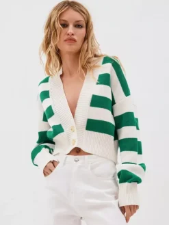 Striped V-Neck Crop Cardigan Knit Button Up Sweater For Women 2026