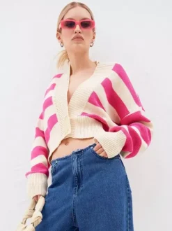 Striped V-Neck Crop Cardigan Knit Button Up Sweater For Women 2026
