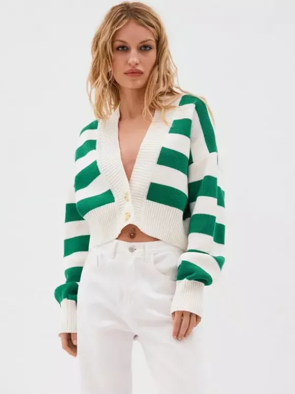 Striped V-Neck Crop Cardigan Knit Button Up Sweater For Women 2026