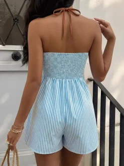 Stripe Halter Neck Romper Chocolate Contrast Trim Back Tie Elastic Waist Pocket Vacation Short Jumpsuit