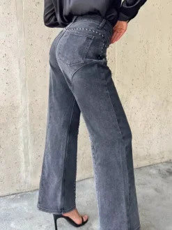 Studded Straight Leg Jeans For Women - Medium Wash Retro Rivet Detail Wide Leg Denim - Spring Night Out Fashion 2026