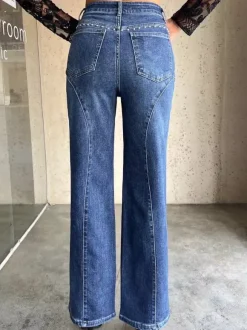 Studded Straight Leg Jeans For Women - Medium Wash Retro Rivet Detail Wide Leg Denim - Spring Night Out Fashion 2026