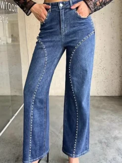 Studded Straight Leg Jeans For Women - Medium Wash Retro Rivet Detail Wide Leg Denim - Spring Night Out Fashion 2026