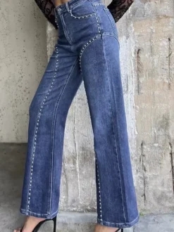 Studded Straight Leg Jeans For Women - Medium Wash Retro Rivet Detail Wide Leg Denim - Spring Night Out Fashion 2026