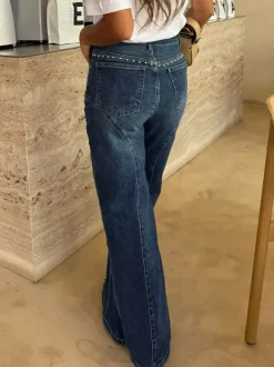 Studded Straight Leg Jeans For Women - Medium Wash Retro Rivet Detail Wide Leg Denim - Spring Night Out Fashion 2026