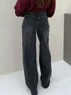 Studded Straight Leg Jeans For Women - Medium Wash Retro Rivet Detail Wide Leg Denim - Spring Night Out Fashion 2026