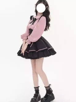 Subculture Tow Piece Set Lace Up Cute Skirt With Frills Mass Produced Yami Kawaii Ladies High Waist Mini Skirt Set Up