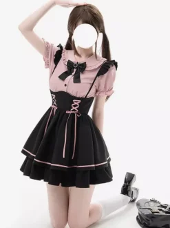 Subculture Tow Piece Set Lace Up Cute Skirt With Frills Mass Produced Yami Kawaii Ladies High Waist Mini Skirt Set Up