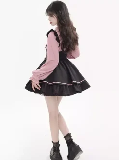 Subculture Tow Piece Set Lace Up Cute Skirt With Frills Mass Produced Yami Kawaii Ladies High Waist Mini Skirt Set Up