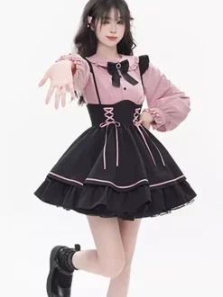 Subculture Tow Piece Set Lace Up Cute Skirt With Frills Mass Produced Yami Kawaii Ladies High Waist Mini Skirt Set Up
