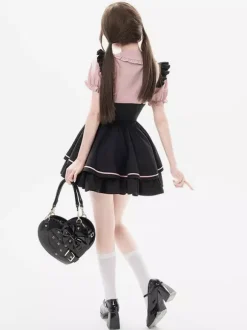 Subculture Tow Piece Set Lace Up Cute Skirt With Frills Mass Produced Yami Kawaii Ladies High Waist Mini Skirt Set Up