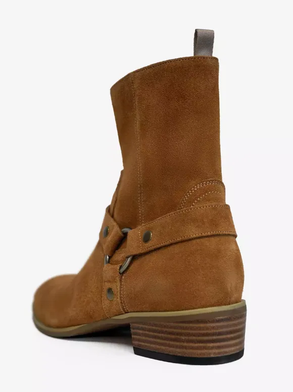 Suede Ankle Boots For Men Round Toe Buckle Detail Chunky Heel Casual Boots