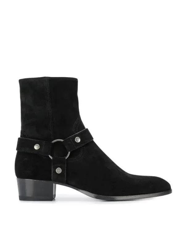 Suede Ankle Boots For Men Round Toe Buckle Detail Chunky Heel Casual Boots